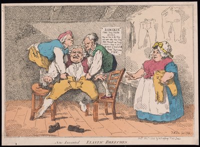 Nuovi inventati - Pantaloni elastici, pub. 1784 (incisione colorata a mano) da John after Nixon